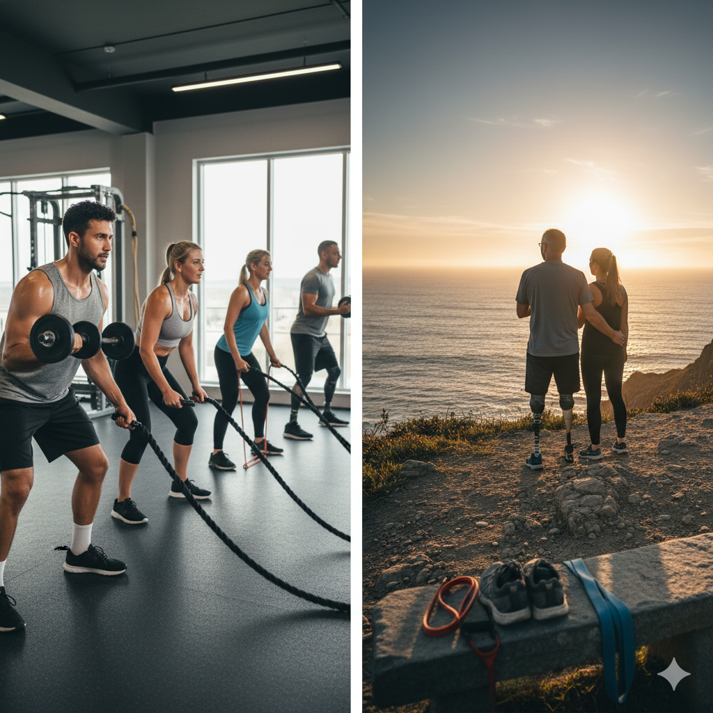 Athlete training with resistance bands in gym" or "Fitness equipment and recovery tools