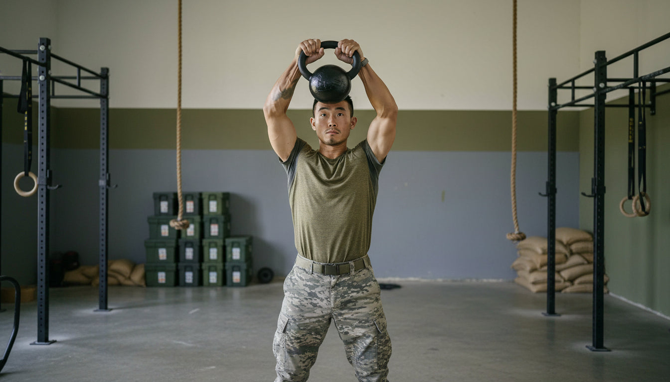 Person lifting a kettlebell in a gym setting