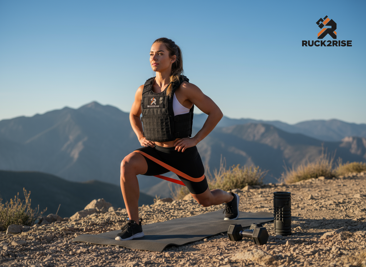 Woman using multiple Ruck2Rise products with logo